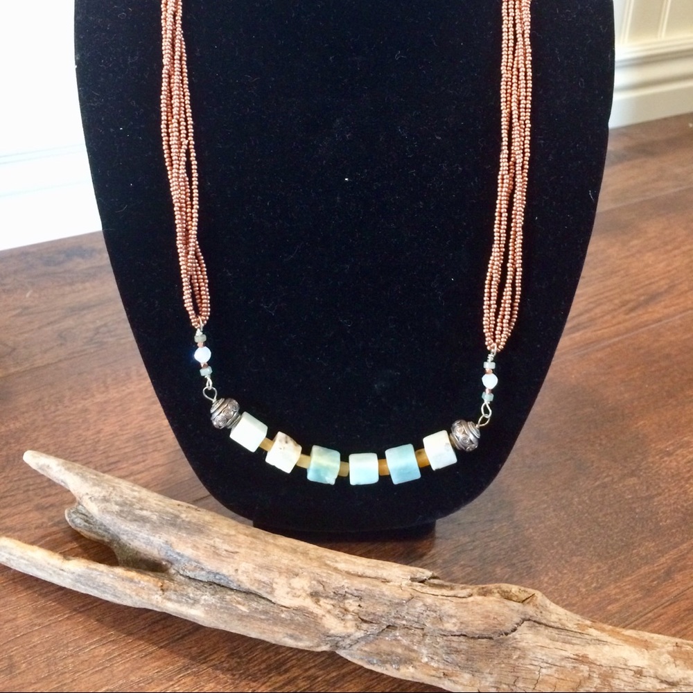 Czech glass, agate, and yellow jade necklace.